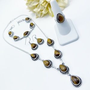 Tiger’s Eye Sterling Silver 925 Necklace Ring Earrings Bracelet Set